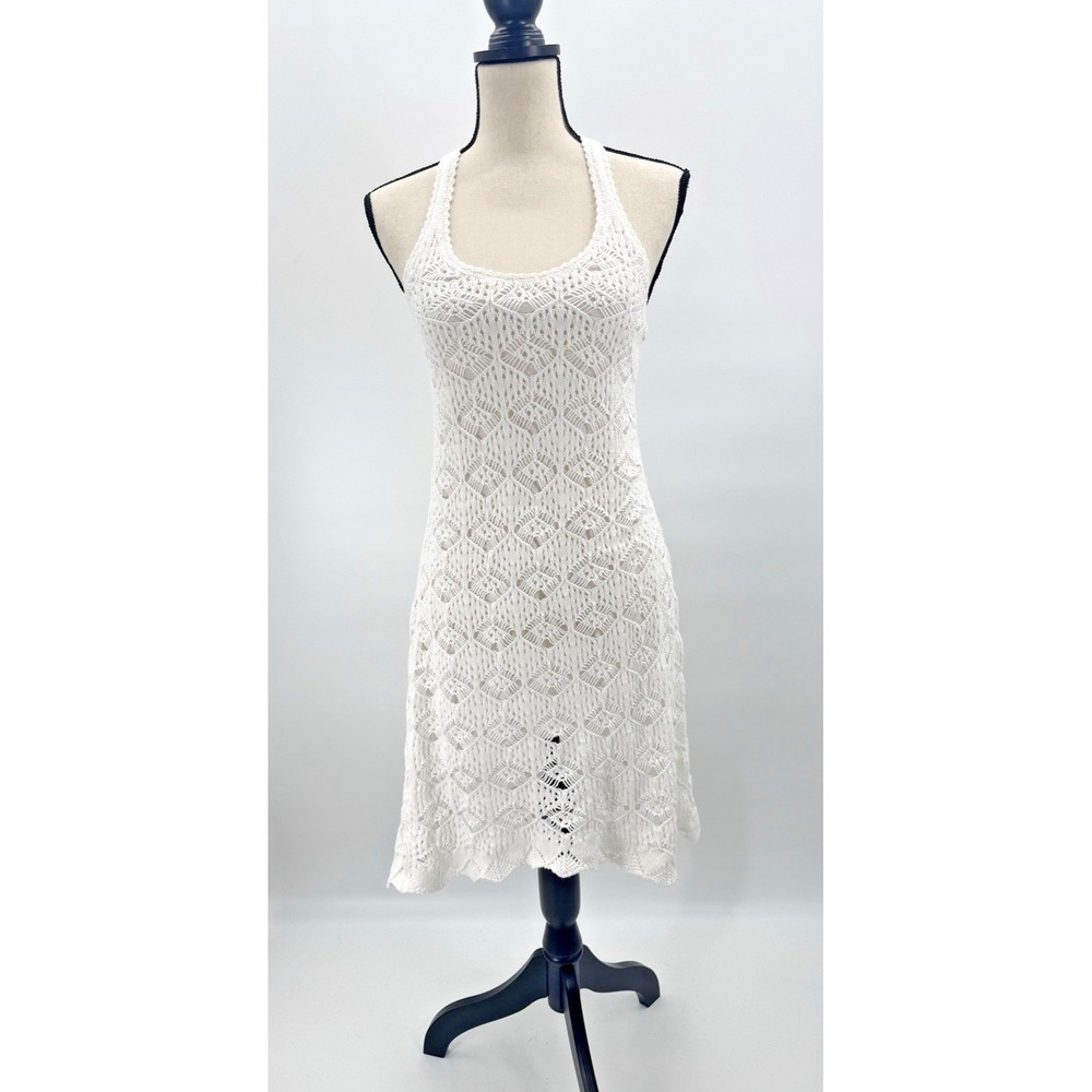 Moda Int Women Small Open Knit Crochet Scoop Neck Dress Sheer Cottage Boho Beach